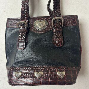 Vtg Brighton Purse black brown croc embossed leather shoulder bag braided strap